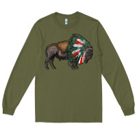 Army Green mexican bison with indian headdress Long Sleeve Tee - RanaPortraitStore