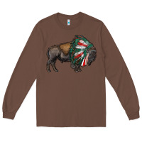 Chestnut mexican bison with indian headdress Long Sleeve Tee - RanaPortraitStore