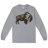 Heather Grey mexican bison with indian headdress Long Sleeve Tee - RanaPortraitStore