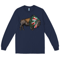 Navy mexican bison with indian headdress Long Sleeve Tee - RanaPortraitStore