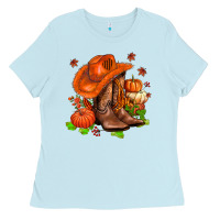 Baby Blue fall pumpkins  cowgirl  and roses Ladies Tee - AdoDesignShop