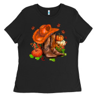 Black fall pumpkins  cowgirl  and roses Ladies Tee - AdoDesignShop