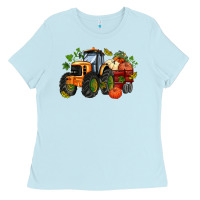 Baby Blue fall tractor with pumpkin Ladies Tee - AdoDesignShop
