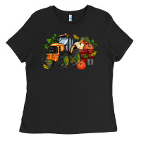 Black fall tractor with pumpkin Ladies Tee - AdoDesignShop