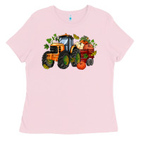 Bubblegum Pink fall tractor with pumpkin Ladies Tee - AdoDesignShop