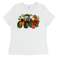 White fall tractor with pumpkin Ladies Tee - AdoDesignShop