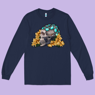 Skull With Sunflowers Long Sleeve Tee Designed By Ranaportraitstore