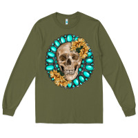 Army Green skull with gemstone and sunflower Long Sleeve Tee - RanaPortraitStore