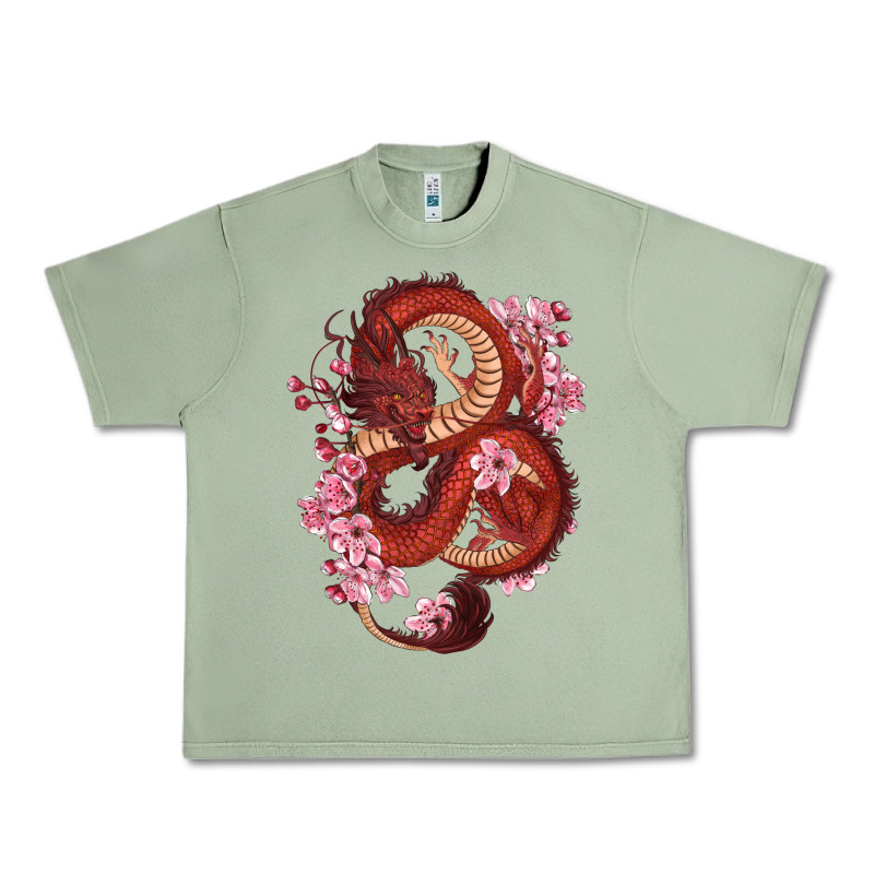 Red Dragon And Sakura Cherry Blossoms Urban Heavy Tee by RanaPortraitStore | Teevron