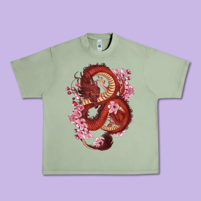 Urban Heavy Tee red dragon and sakura cherry blossoms