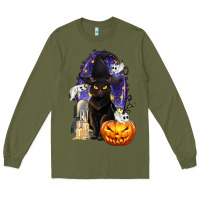 Army Green Halloween Cat and Pumpkin Long Sleeve Tee - texasbilliewilder