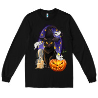 Black Halloween Cat and Pumpkin Long Sleeve Tee - texasbilliewilder