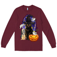 Burgundy Halloween Cat and Pumpkin Long Sleeve Tee - texasbilliewilder