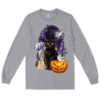 Heather Grey Halloween Cat and Pumpkin Long Sleeve Tee - texasbilliewilder