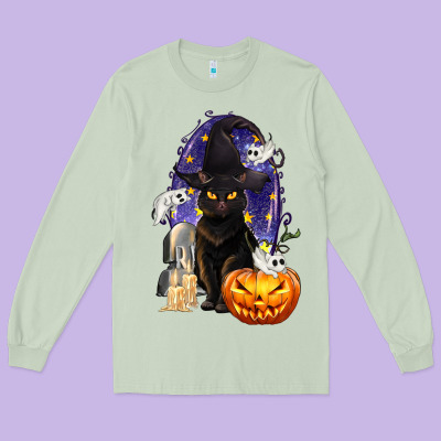 Halloween Cat And Pumpkin Long Sleeve Tee Designed By Texasbilliewilder