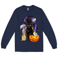 Navy Halloween Cat and Pumpkin Long Sleeve Tee - texasbilliewilder