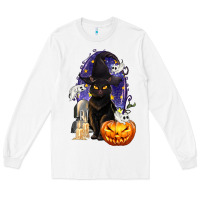 White Halloween Cat and Pumpkin Long Sleeve Tee - texasbilliewilder