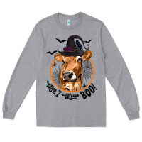 Heather Grey Halloween Cow Moo I Mean Boo Long Sleeve Tee - texasbilliewilder