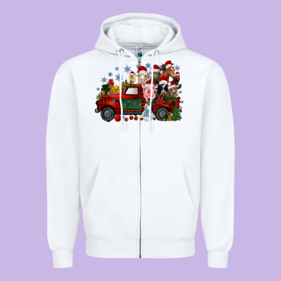 Christmas Farm Animals Truck Zipper Hoodie Designed By Racoondesign