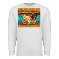 Oatmeal Heather western coop animals farm chicken chick rooster sunflowers wooden sera Premium Sweatshirt - Artiststas