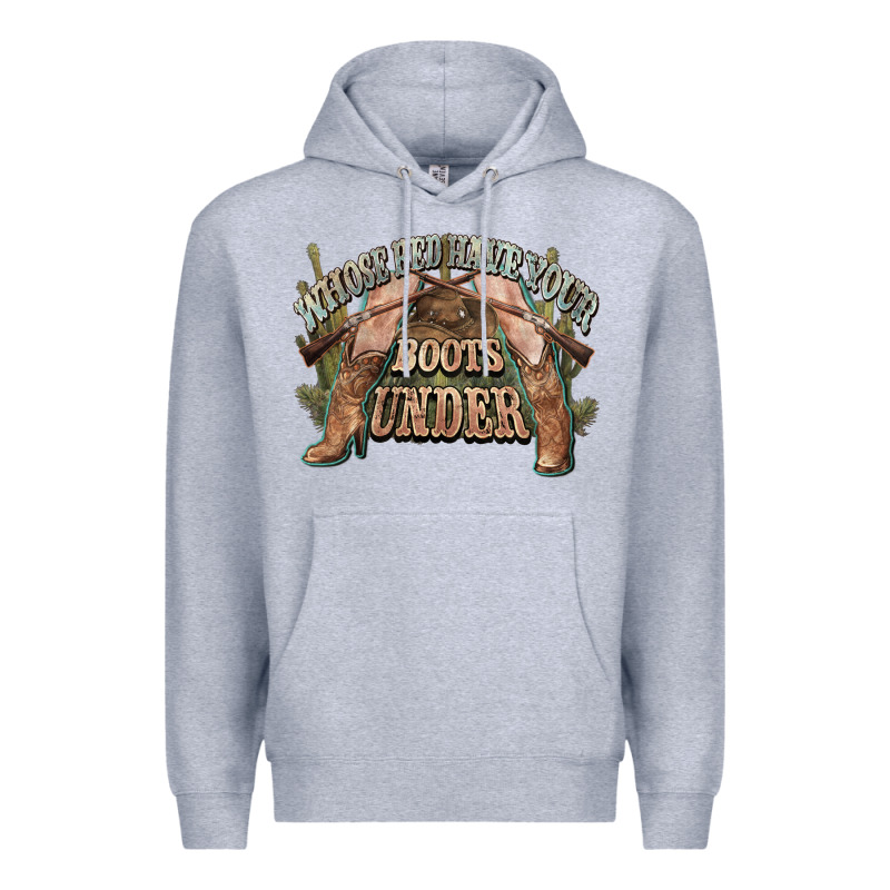 Whose Bed Have Your Boots Under Cowboy Western Premium Hoodie by NancyCooperArtShop | Teevron