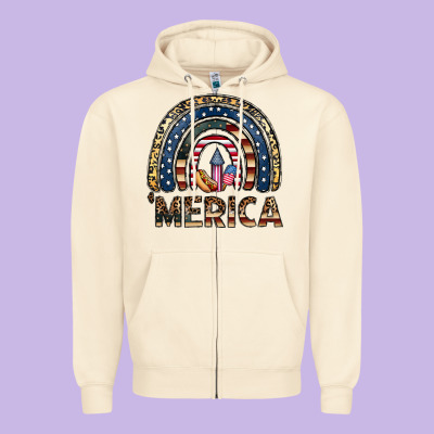 Merica Rainbow Zipper Hoodie Designed By Cowhidedigitalart