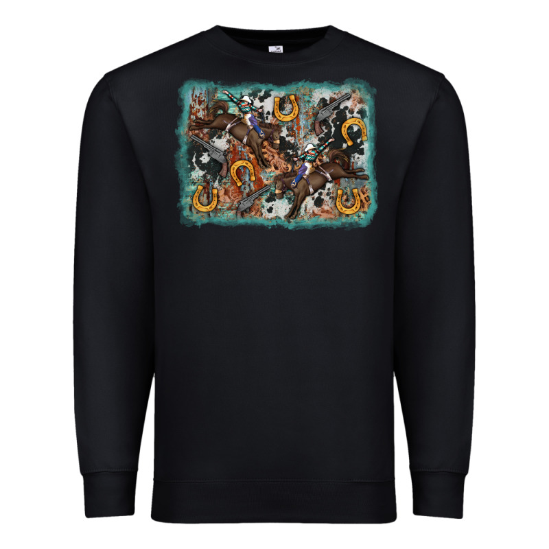 Bucking Bronco Rodeo Revolver Western Background Premium Sweatshirt by AdoDesignShop | Teevron
