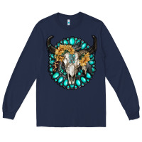 Navy gamestone with bull skull Long Sleeve Tee - RanaPortraitStore