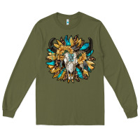 Army Green bull skull with sunflower Long Sleeve Tee - RanaPortraitStore
