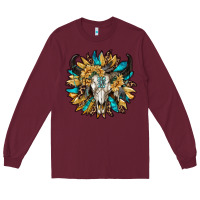 Burgundy bull skull with sunflower Long Sleeve Tee - RanaPortraitStore