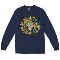 Navy bull skull with sunflower Long Sleeve Tee - RanaPortraitStore