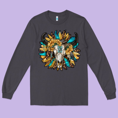 Bull Skull With Sunflower Long Sleeve Tee Designed By Ranaportraitstore