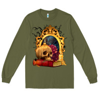 Army Green Halloween Skull Candles and Roses Long Sleeve Tee - texasbilliewilder