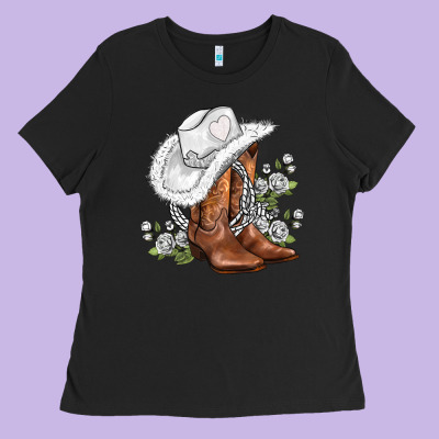 White  Cowgirl  And Roses Ladies Tee Designed By Adodesignshop