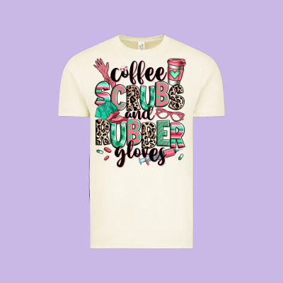 Vintage Tee coffee scrubs and rubber gloves