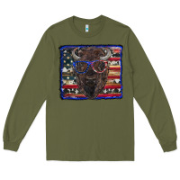 Army Green bison with american flag and glasses Long Sleeve Tee - RanaPortraitStore