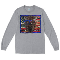 Heather Grey bison with american flag and glasses Long Sleeve Tee - RanaPortraitStore