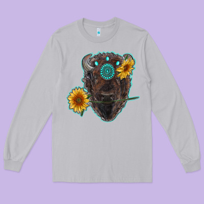Bison Head With Sunflowers And Gemstone Long Sleeve Tee Designed By Ranaportraitstore