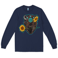 Navy bison head with sunflowers and gemstone Long Sleeve Tee - RanaPortraitStore