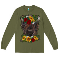 Army Green bison face with flowers Long Sleeve Tee - RanaPortraitStore