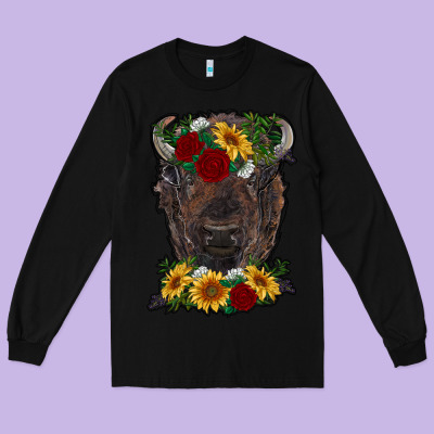 Bison Face With Flowers Long Sleeve Tee Designed By Ranaportraitstore