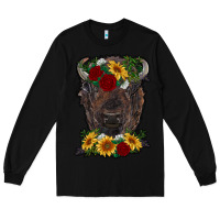 Black bison face with flowers Long Sleeve Tee - RanaPortraitStore