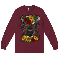 Burgundy bison face with flowers Long Sleeve Tee - RanaPortraitStore