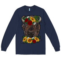 Navy bison face with flowers Long Sleeve Tee - RanaPortraitStore