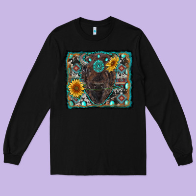 American Bison Wıth Sunflower And Gemstone Long Sleeve Tee Designed By Ranaportraitstore