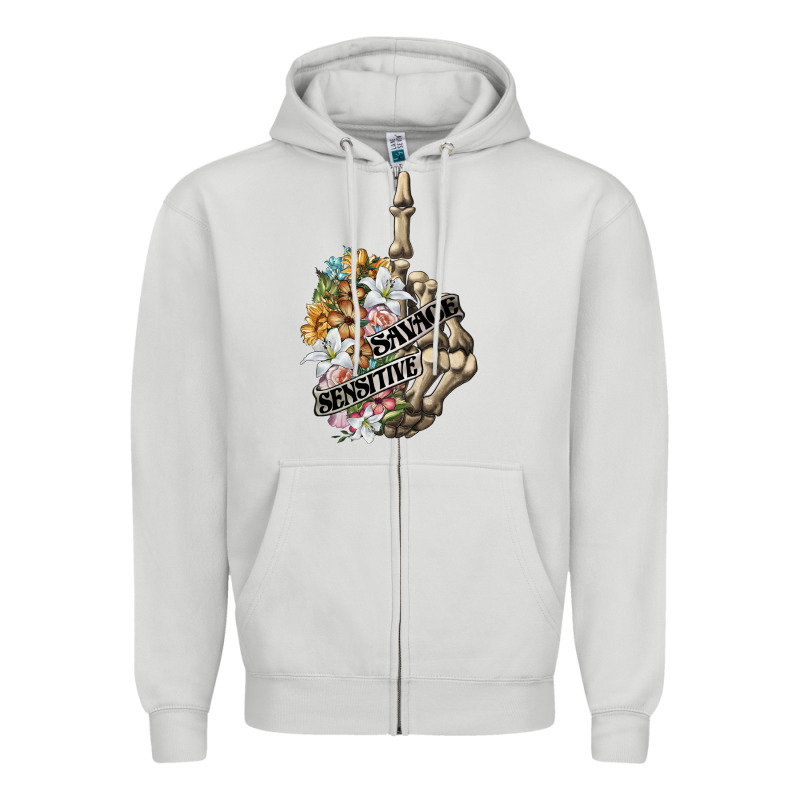 Sensitive Savage Skeleton Middle Finger Zipper Hoodie by FaDigitalArtStudio | Teevron