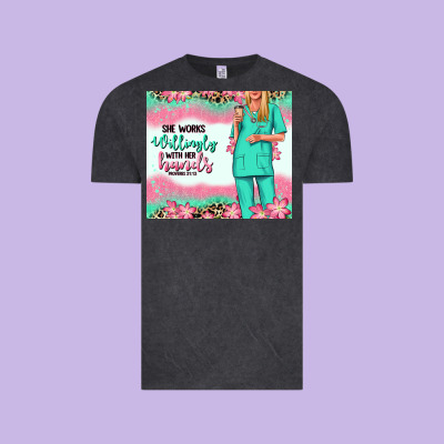 Vintage Tee she works willingly with her hands blonde nurse