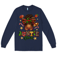 Navy Auntie Claus Afro Messy Bun Long Sleeve Tee - texasbilliewilder