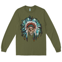 Army Green indian headdress with native american skull Long Sleeve Tee - RanaPortraitStore