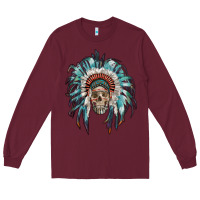 Burgundy indian headdress with native american skull Long Sleeve Tee - RanaPortraitStore